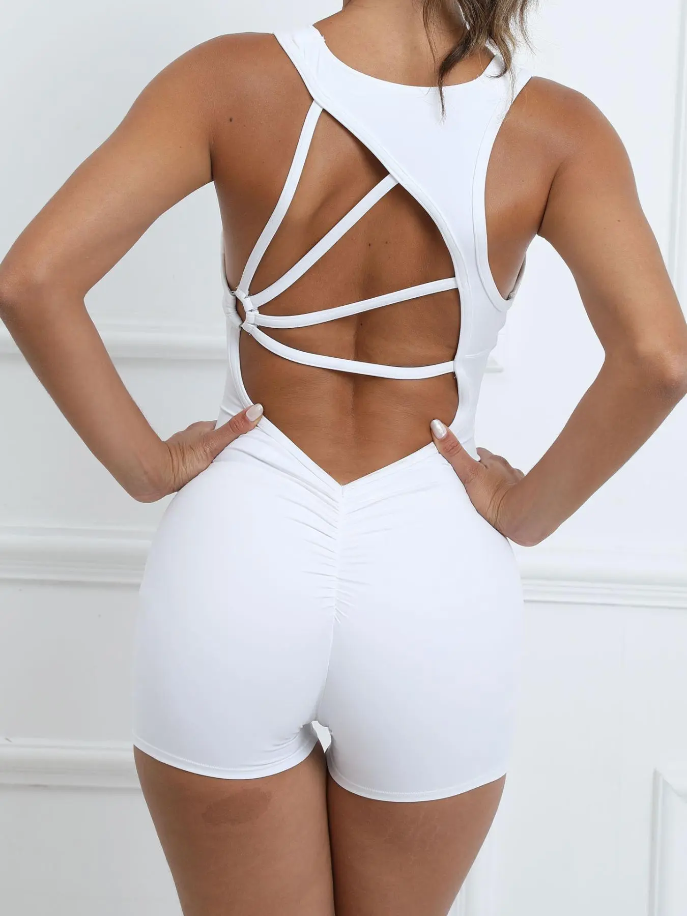 Women's Criss Cross Sporty Romper, Elastane Interlock White - Image 5