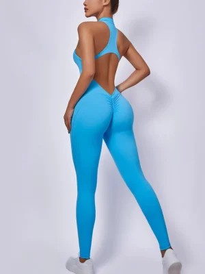 Women's Ruched Zip-Up High-Stretch Sports Jumpsuit