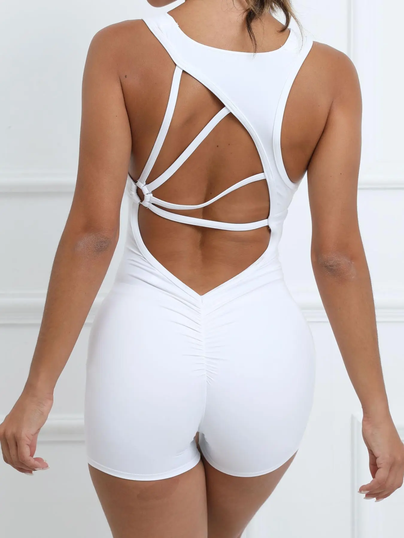Women's Criss Cross Sporty Romper, Elastane Interlock White - Image 2