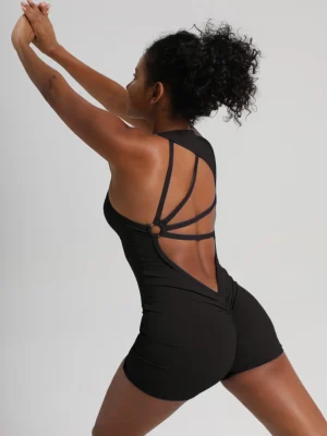 Women's Criss Cross Backless Sports Romper, Elastane Blend