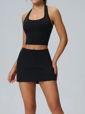 Women’s Solid Crop Halter Top & Pocket Skort Set, Black (S-XL)