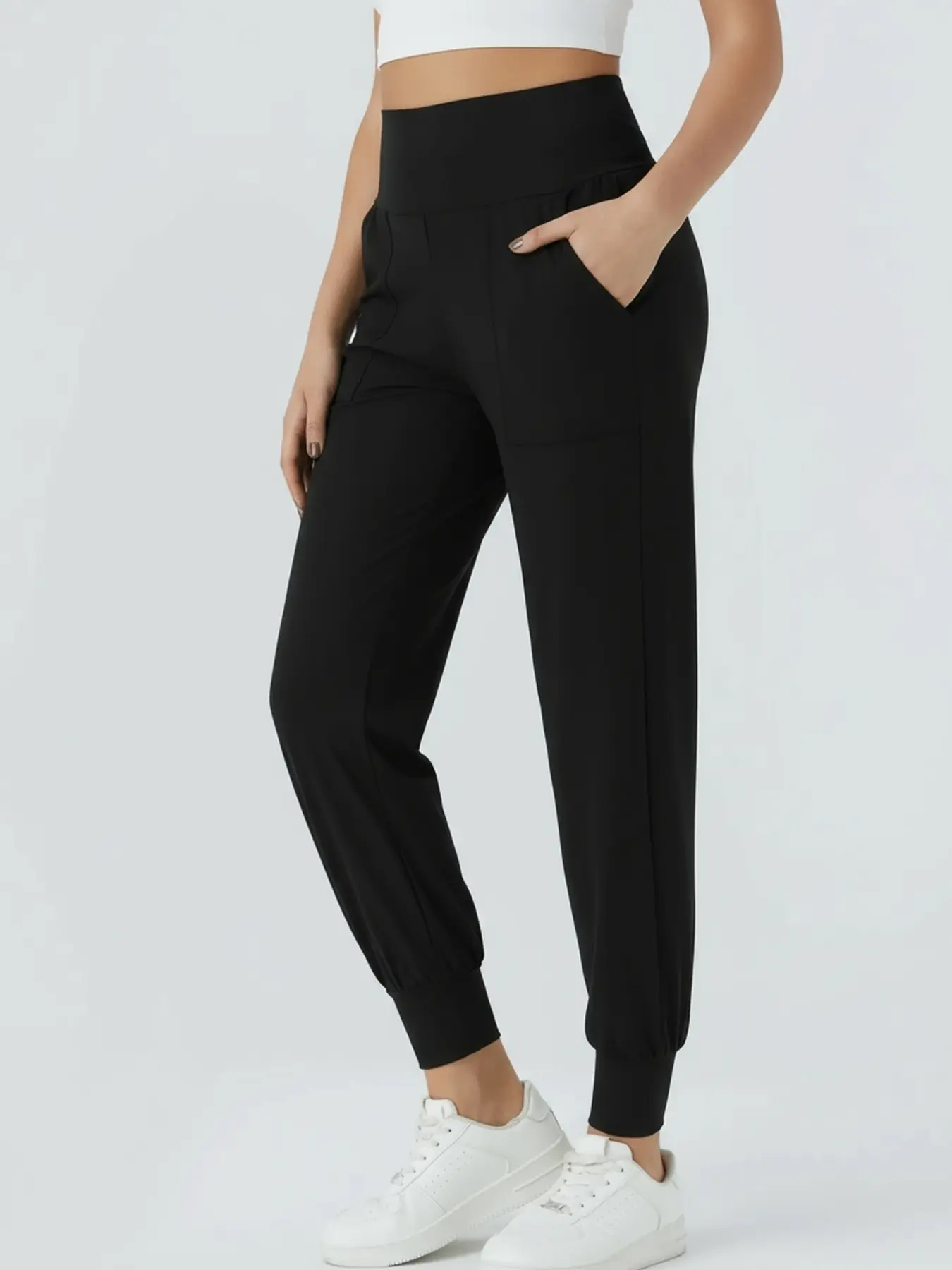 Women’s High-Waisted Jogging Pants with Pockets, Black - Image 2