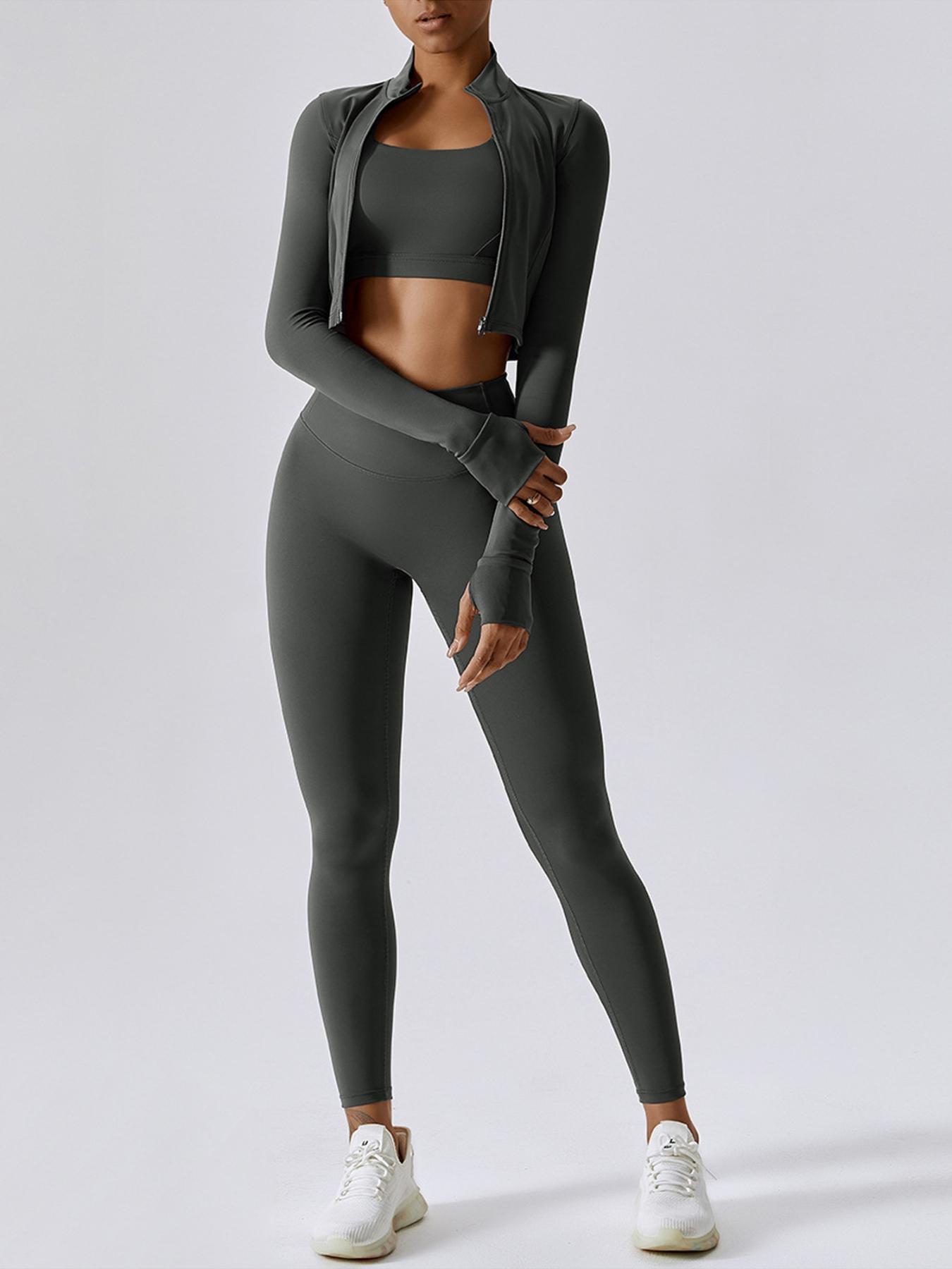 Women's High Waist Breathable Yoga Suit 3-Piece Set with Zipper - Image 15