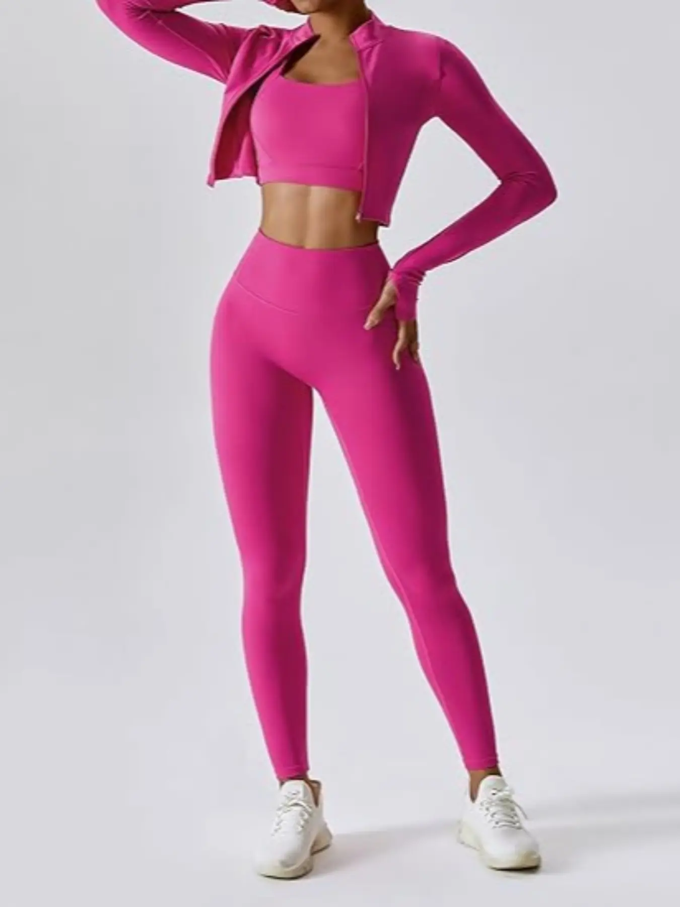 Women's High Waist Breathable Yoga Suit 3-Piece Set with Zipper - Image 17