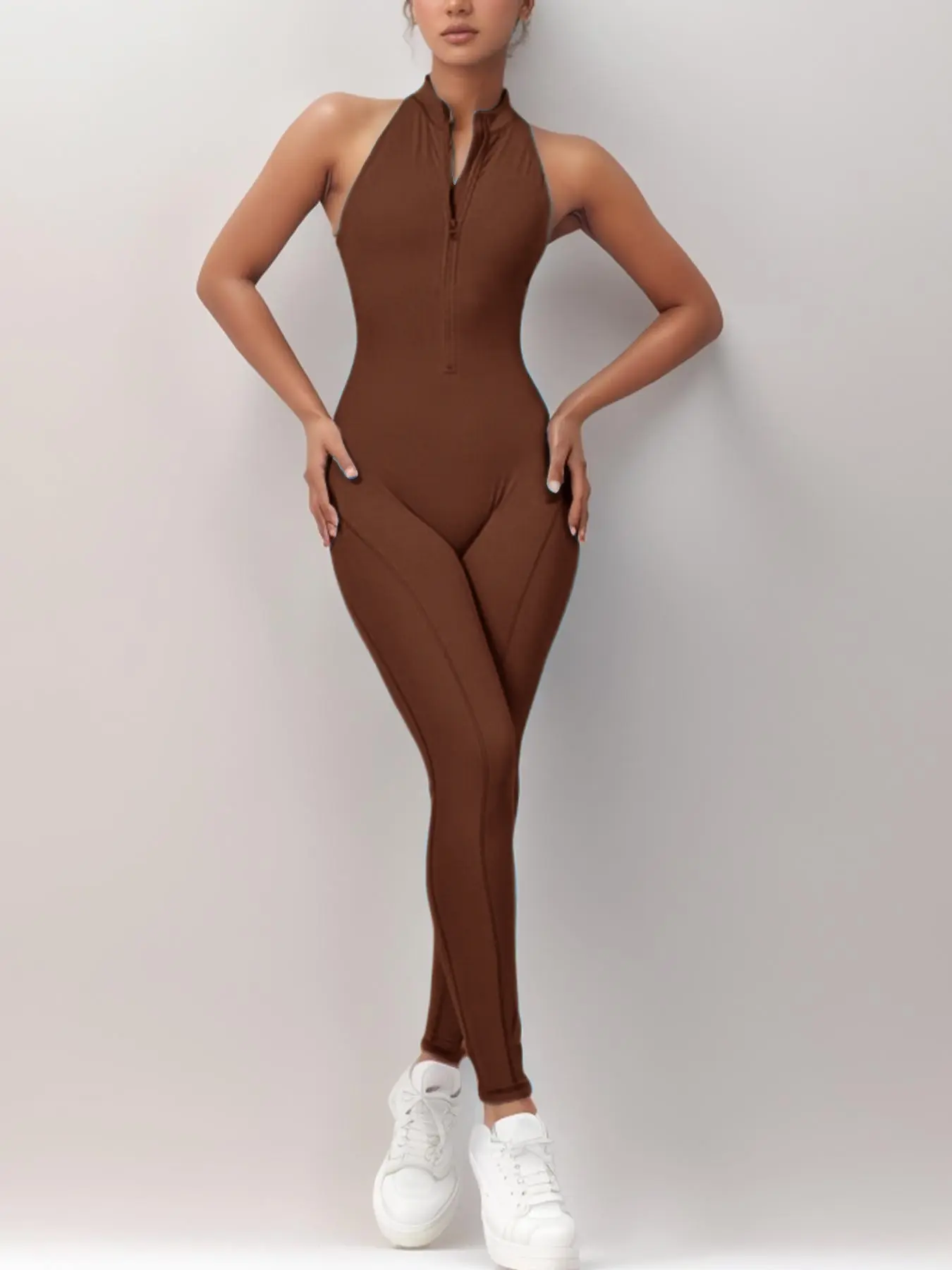 Women's Ruched Zip-Up High-Stretch Sports Jumpsuit - Image 9