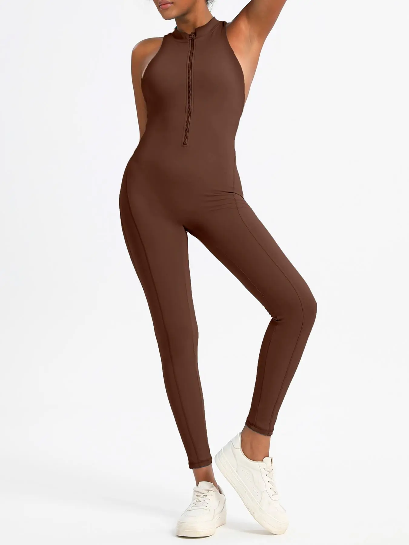 Women's Solid Color Zipper Back Sports Jumpsuit for Yoga and Gym - Image 6