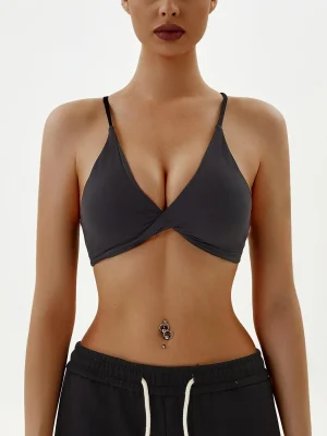 Women's Solid Color Twist Warp Deep V Neck Sports Bra for Yoga & Workout
