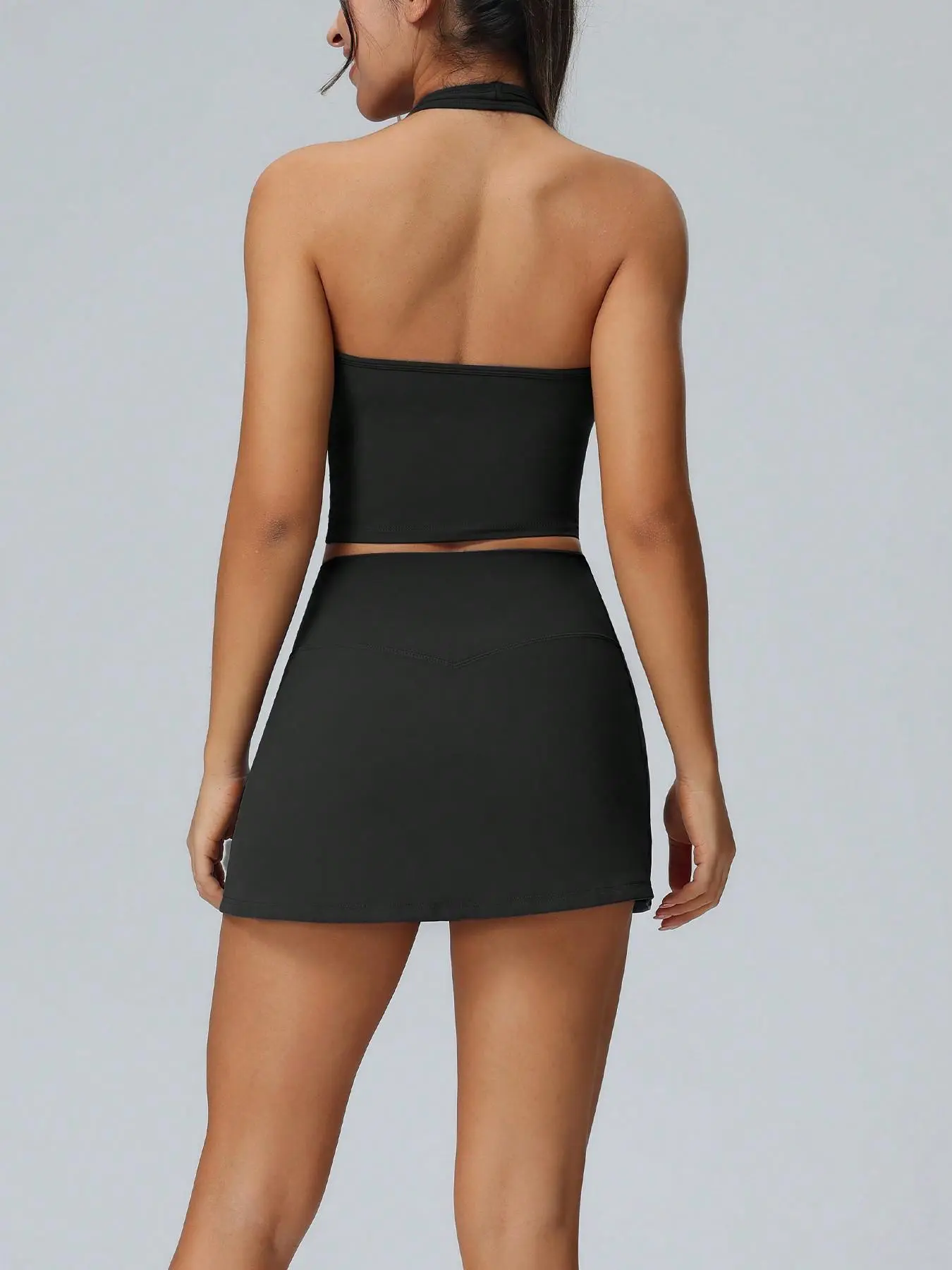 Women’s Solid Crop Halter Top & Pocket Skort Set, Black (S-XL) - Image 2