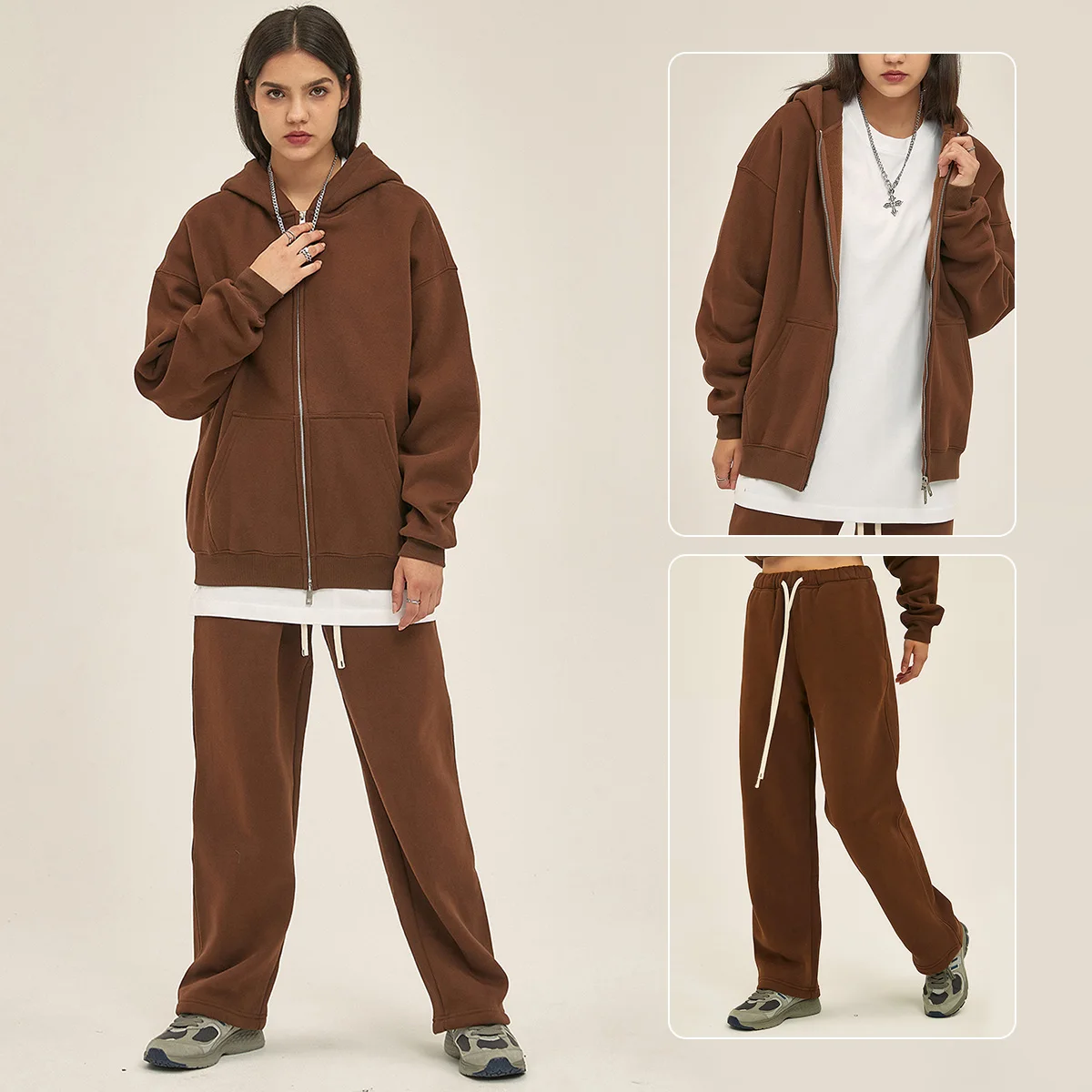 Unisex Heavyweight 350gsm Fleece Lined Zip-up Hoodie Sweatpants Set Fall Winter Breathable Loose Fit Streetwear Tracksuit - Image 7
