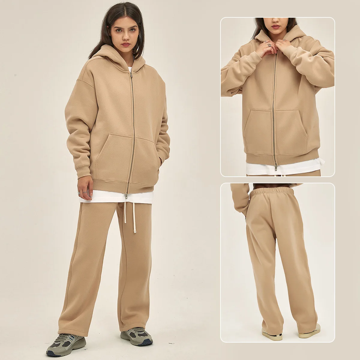 Unisex Heavyweight 350gsm Fleece Lined Zip-up Hoodie Sweatpants Set Fall Winter Breathable Loose Fit Streetwear Tracksuit - Image 11