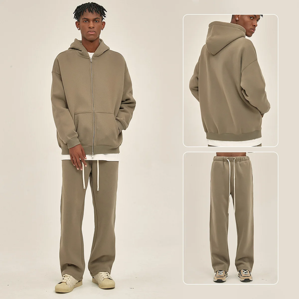 Unisex Heavyweight 350gsm Fleece Lined Zip-up Hoodie Sweatpants Set Fall Winter Breathable Loose Fit Streetwear Tracksuit - Image 14