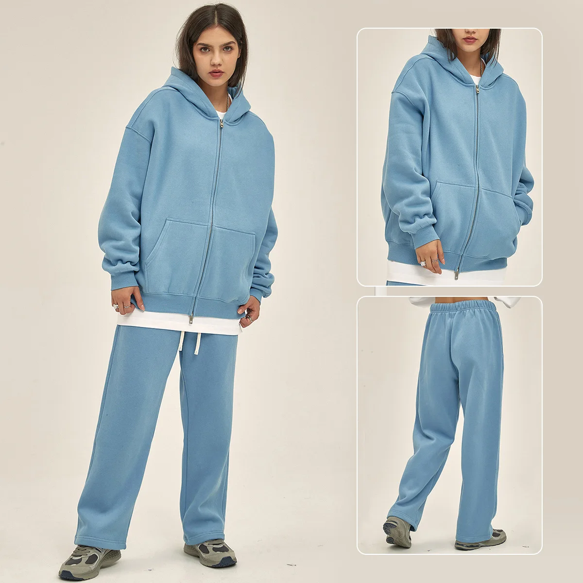 Unisex Heavyweight 350gsm Fleece Lined Zip-up Hoodie Sweatpants Set Fall Winter Breathable Loose Fit Streetwear Tracksuit - Image 5