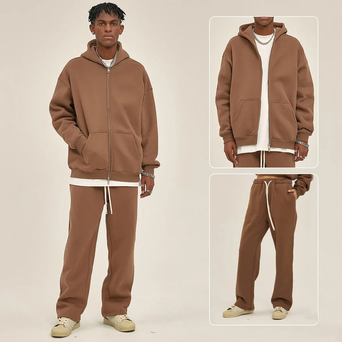 Unisex Heavyweight 350gsm Fleece Lined Zip-up Hoodie Sweatpants Set Fall Winter Breathable Loose Fit Streetwear Tracksuit - Image 6