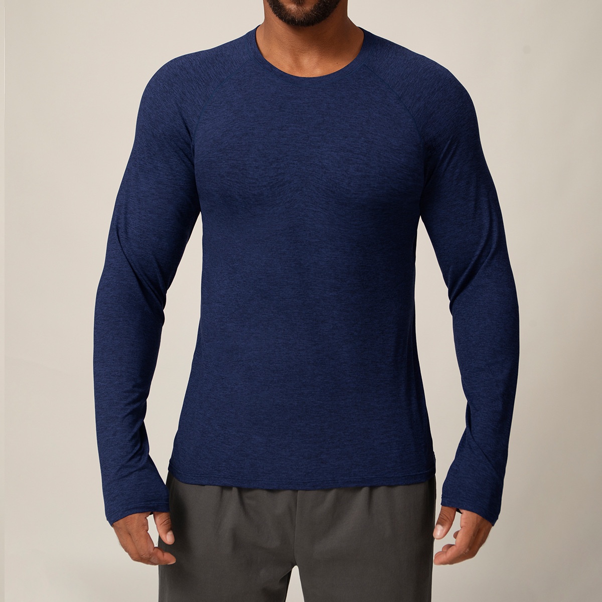 Slim Long Sleeve Sports Shirt For Men Thumb Holes Training Tennis T-shirt Crew Neck Gym Fitness Tops Solid Woven Outdoor - Image 9