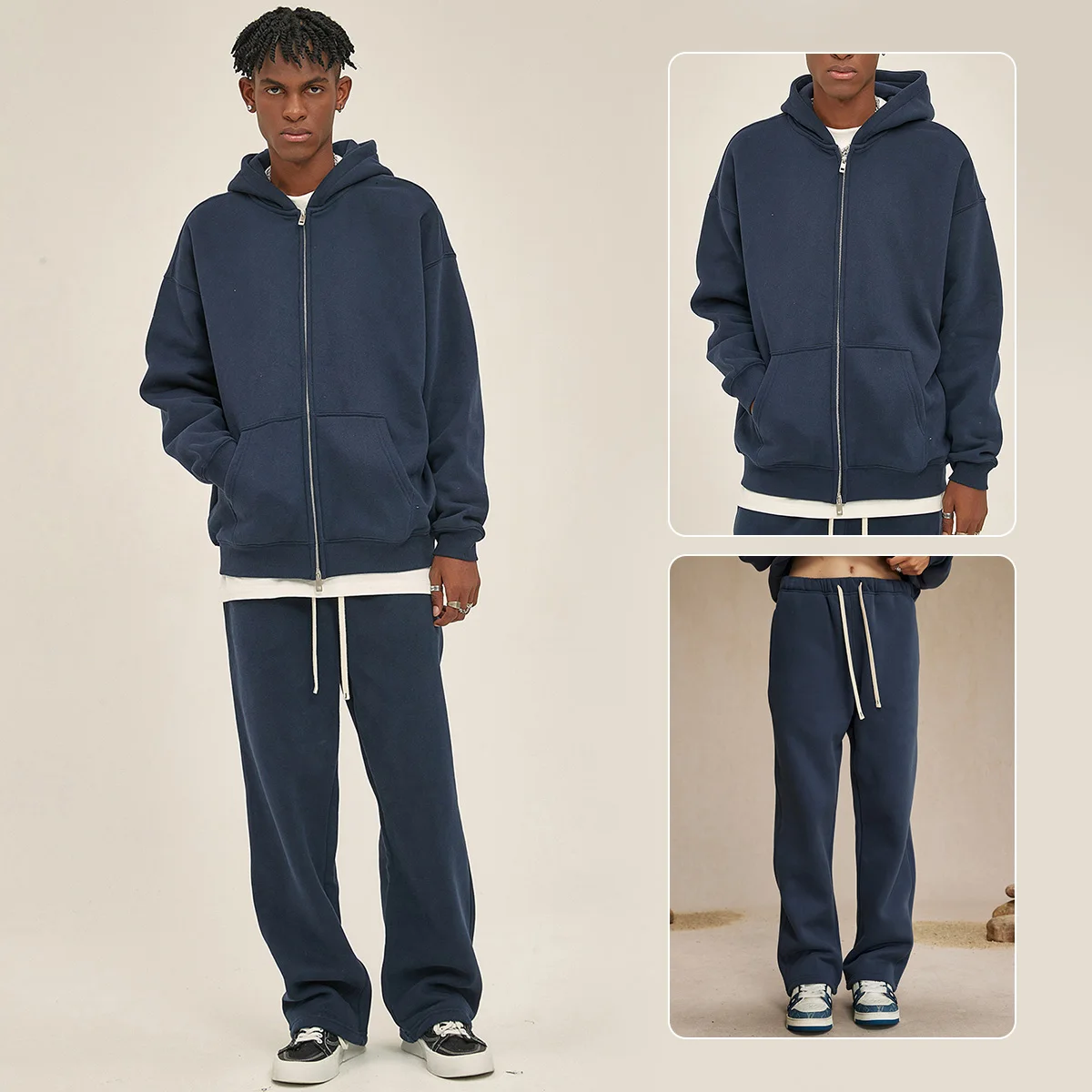 Unisex Heavyweight 350gsm Fleece Lined Zip-up Hoodie Sweatpants Set Fall Winter Breathable Loose Fit Streetwear Tracksuit - Image 16
