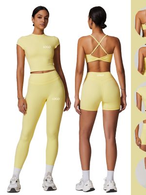 Oem New Activewear Women Gym Suit Detachable Chest Pads Bra Short Sleeve Shirts High Waist Leggings Fitness Sets For Ladies