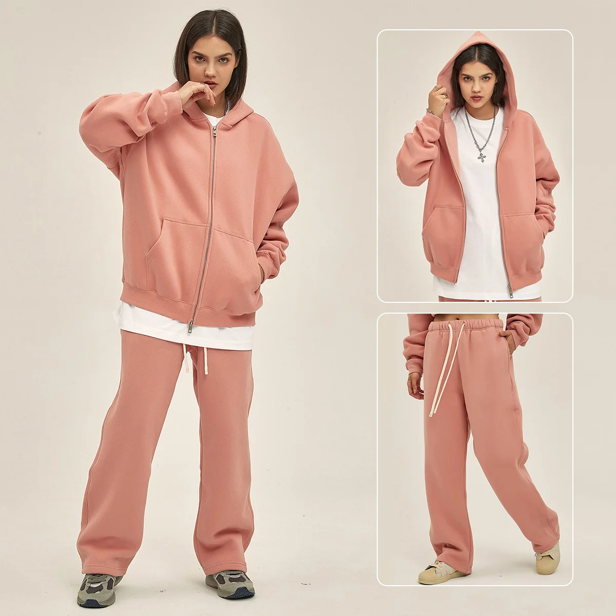 Unisex Heavyweight 350gsm Fleece Lined Zip-up Hoodie Sweatpants Set Fall Winter Breathable Loose Fit Streetwear Tracksuit - Image 10