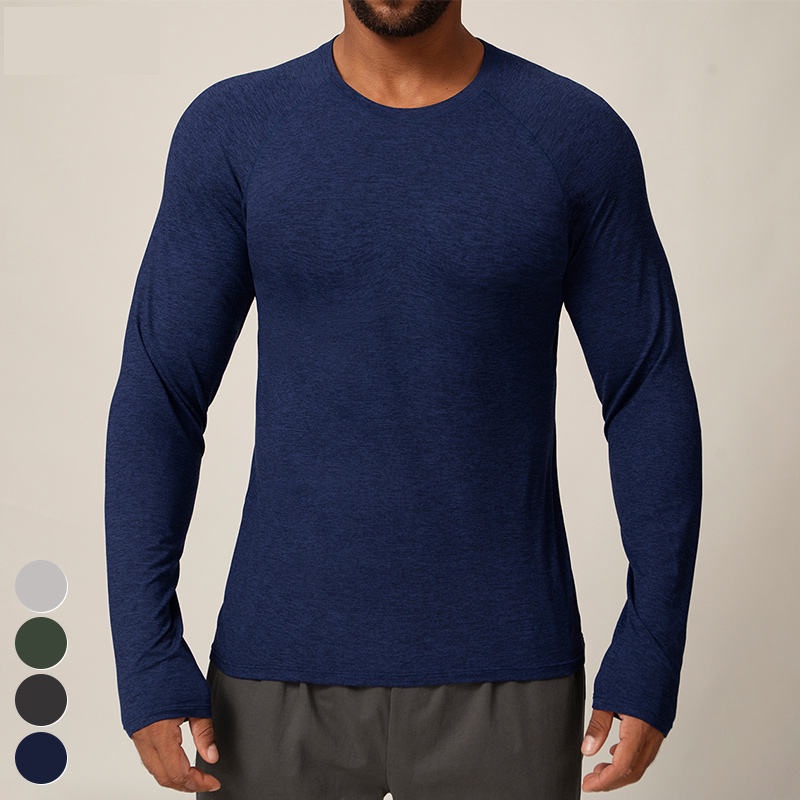 Slim Long Sleeve Sports Shirt For Men Thumb Holes Training Tennis T-shirt Crew Neck Gym Fitness Tops Solid Woven Outdoor - Image 3