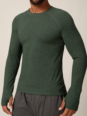 Slim Long Sleeve Sports Shirt For Men Thumb Holes Training Tennis T-shirt Crew Neck Gym Fitness Tops Solid Woven Outdoor