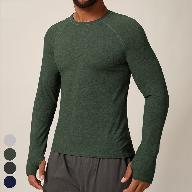 Slim Long Sleeve Sports Shirt For Men Thumb Holes Training Tennis T-shirt Crew Neck Gym Fitness Tops Solid Woven Outdoor