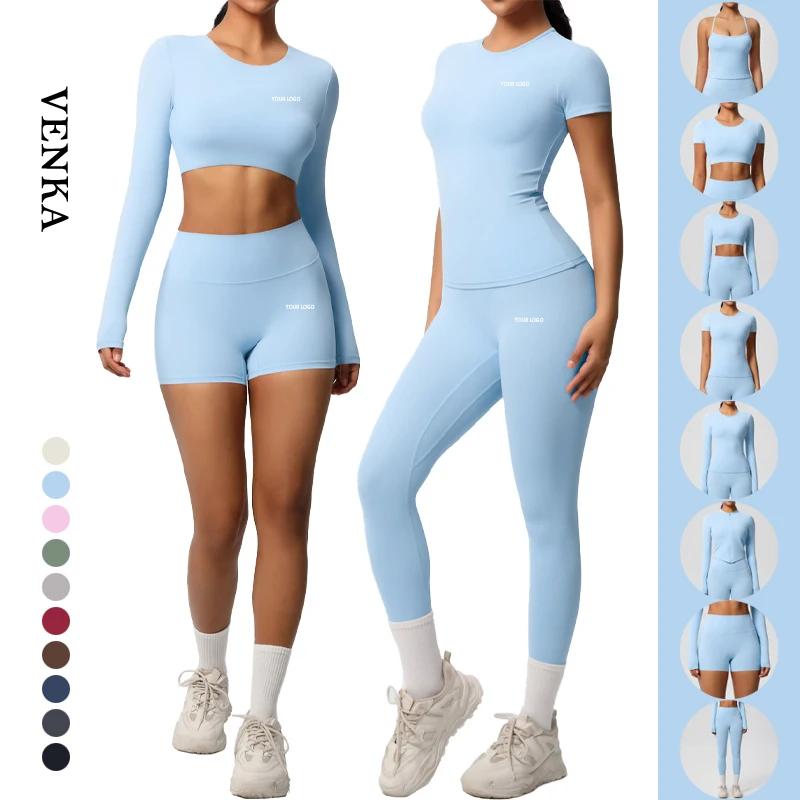 Oem New Activewear Women Gym Suit Detachable Chest Pads Bra Short Sleeve Shirts High Waist Leggings Fitness Sets For Ladies - Image 59