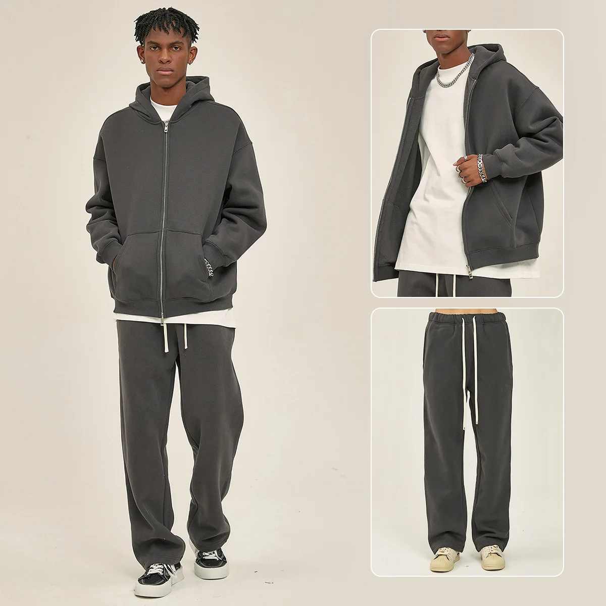 Unisex Heavyweight 350gsm Fleece Lined Zip-up Hoodie Sweatpants Set Fall Winter Breathable Loose Fit Streetwear Tracksuit - Image 8