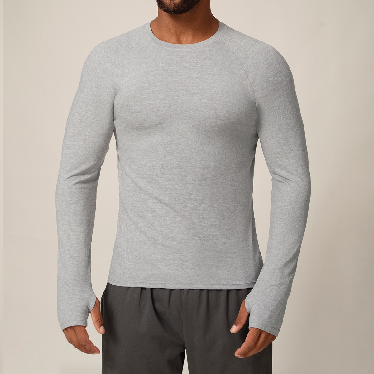 Slim Long Sleeve Sports Shirt For Men Thumb Holes Training Tennis T-shirt Crew Neck Gym Fitness Tops Solid Woven Outdoor - Image 8