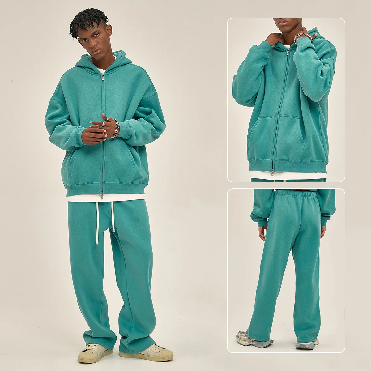 Unisex Heavyweight 350gsm Fleece Lined Zip-up Hoodie Sweatpants Set Fall Winter Breathable Loose Fit Streetwear Tracksuit - Image 13