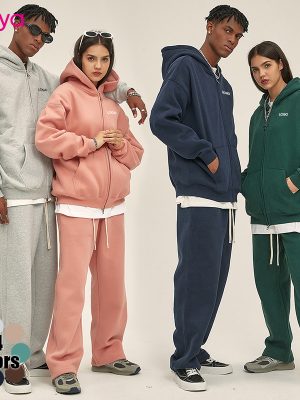 Unisex Heavyweight 350gsm Fleece Lined Zip-up Hoodie Sweatpants Set Fall Winter Breathable Loose Fit Streetwear Tracksuit