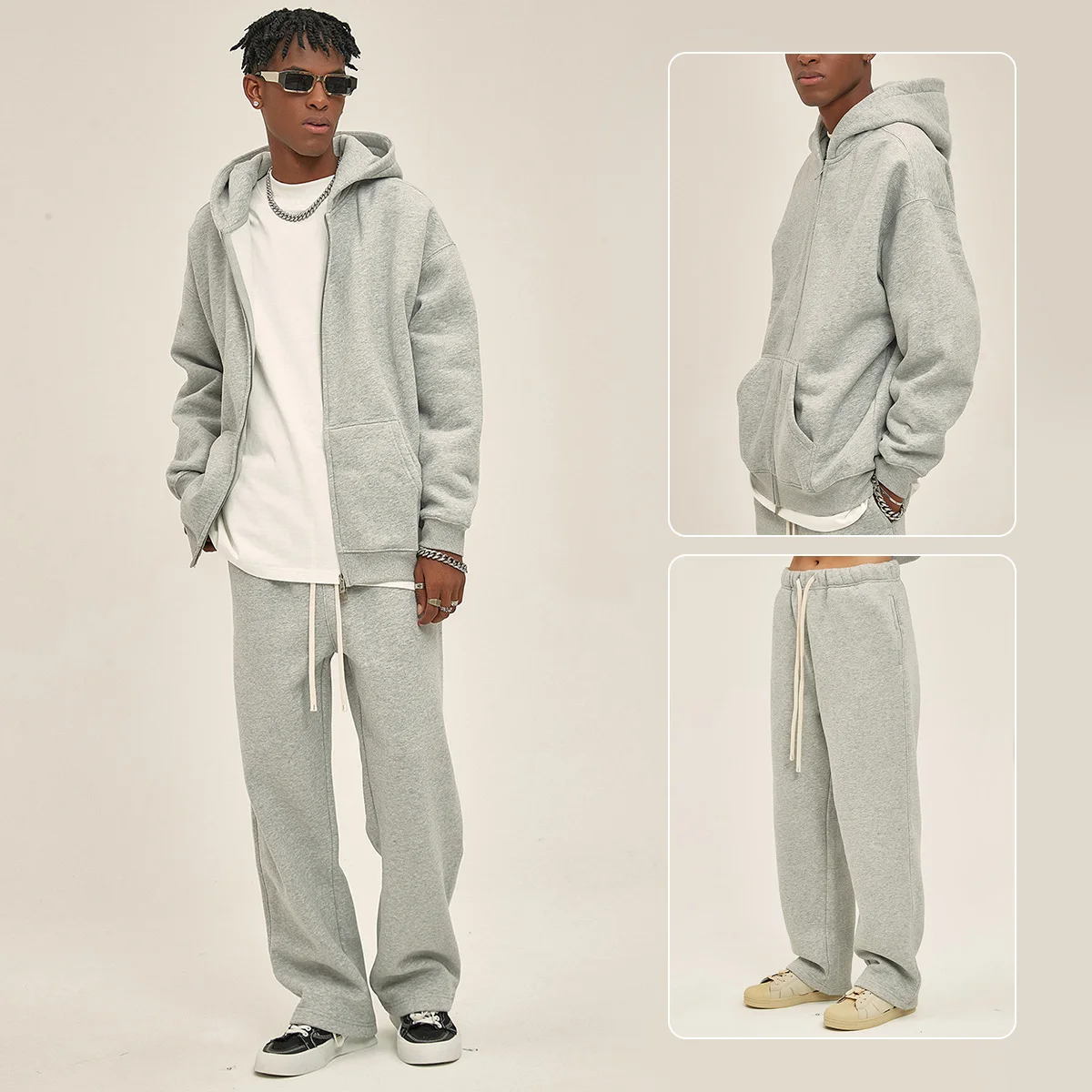 Unisex Heavyweight 350gsm Fleece Lined Zip-up Hoodie Sweatpants Set Fall Winter Breathable Loose Fit Streetwear Tracksuit - Image 15