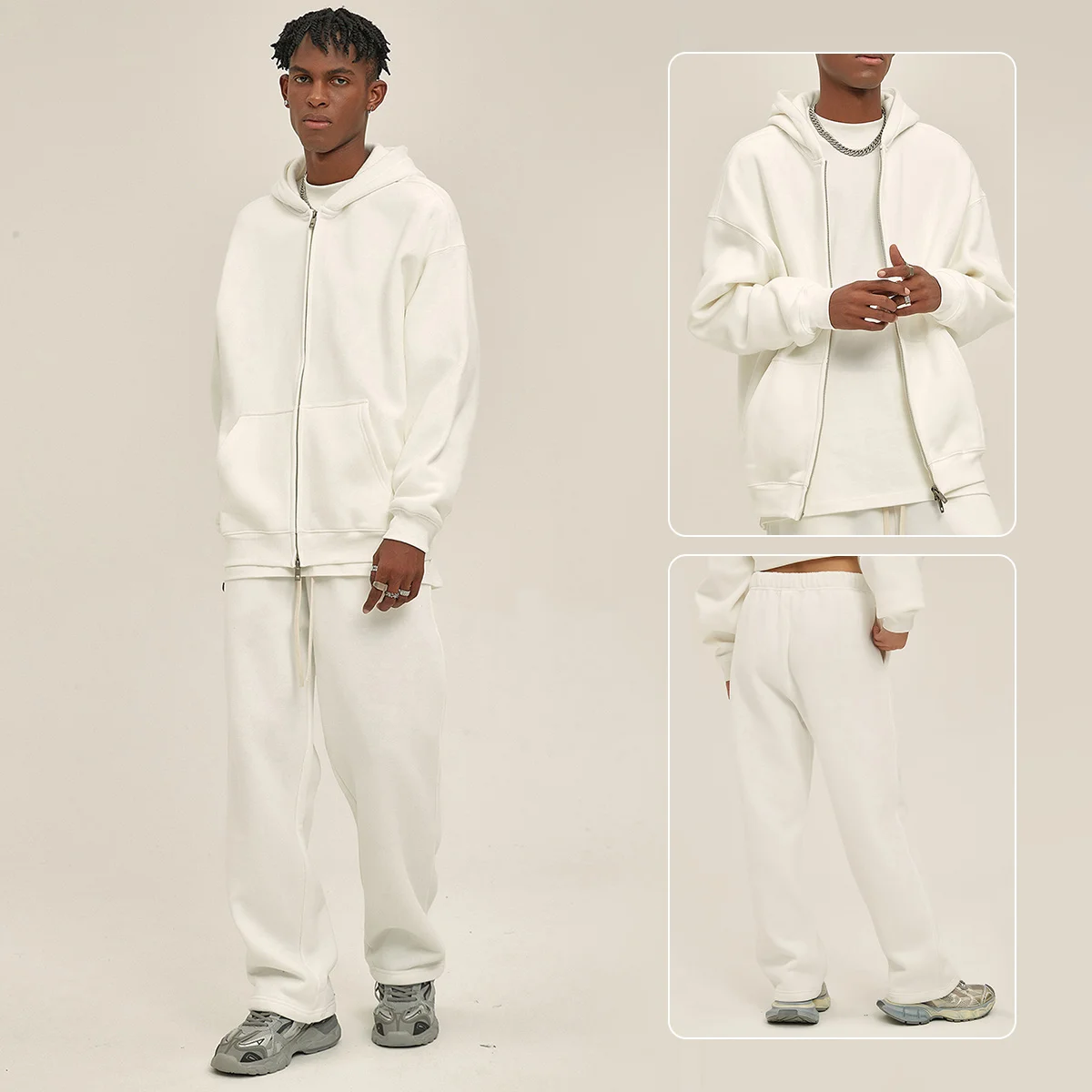Unisex Heavyweight 350gsm Fleece Lined Zip-up Hoodie Sweatpants Set Fall Winter Breathable Loose Fit Streetwear Tracksuit - Image 17