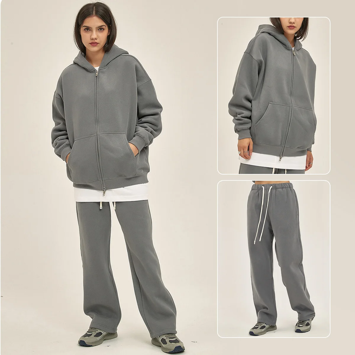 Unisex Heavyweight 350gsm Fleece Lined Zip-up Hoodie Sweatpants Set Fall Winter Breathable Loose Fit Streetwear Tracksuit - Image 12