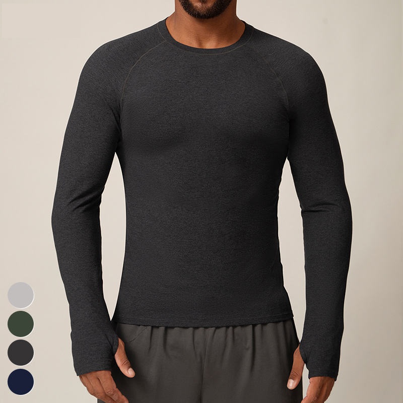 Slim Long Sleeve Sports Shirt For Men Thumb Holes Training Tennis T-shirt Crew Neck Gym Fitness Tops Solid Woven Outdoor - Image 4