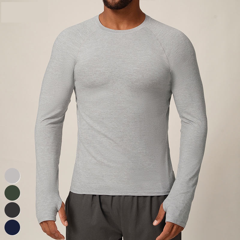 Slim Long Sleeve Sports Shirt For Men Thumb Holes Training Tennis T-shirt Crew Neck Gym Fitness Tops Solid Woven Outdoor - Image 2