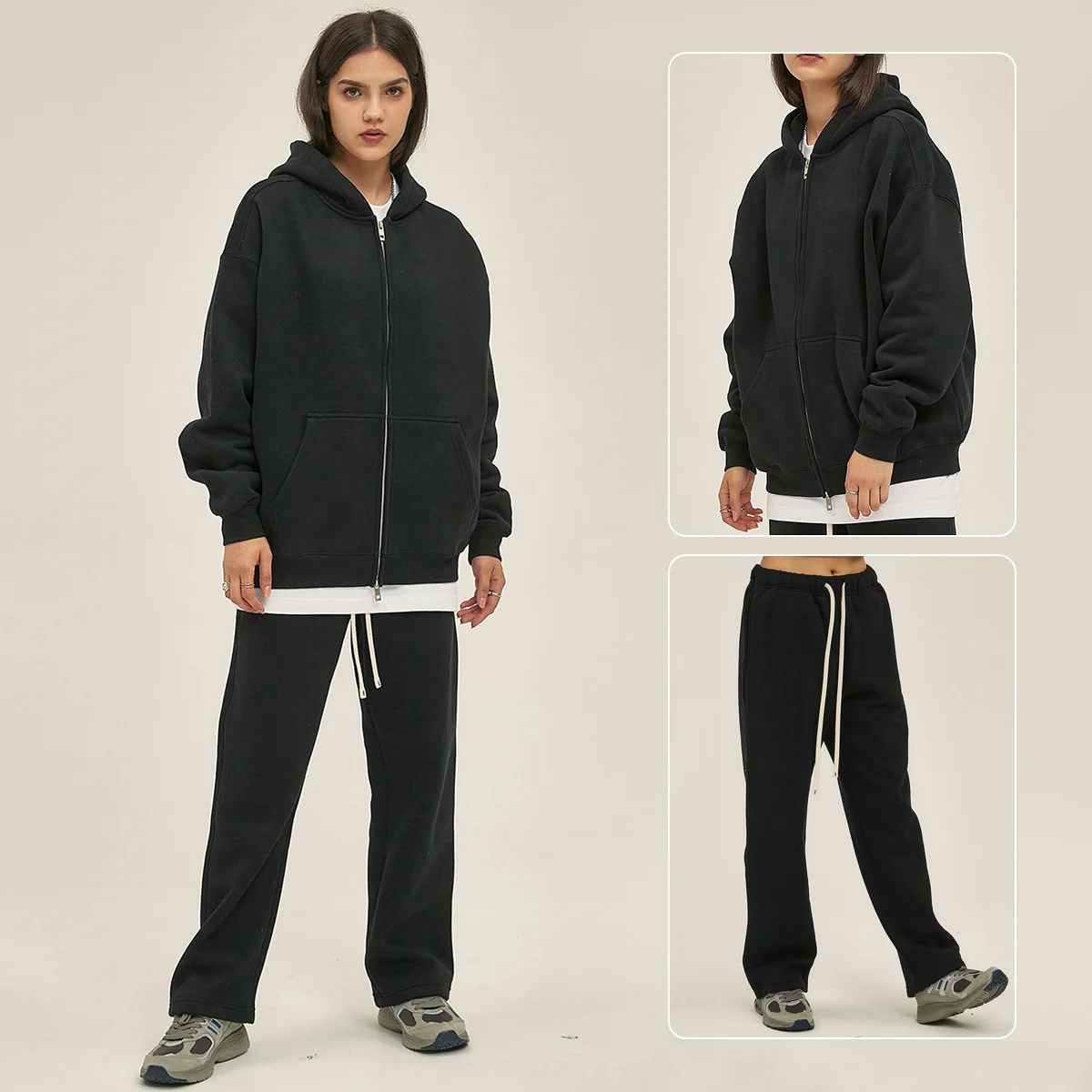 Unisex Heavyweight 350gsm Fleece Lined Zip-up Hoodie Sweatpants Set Fall Winter Breathable Loose Fit Streetwear Tracksuit - Image 4