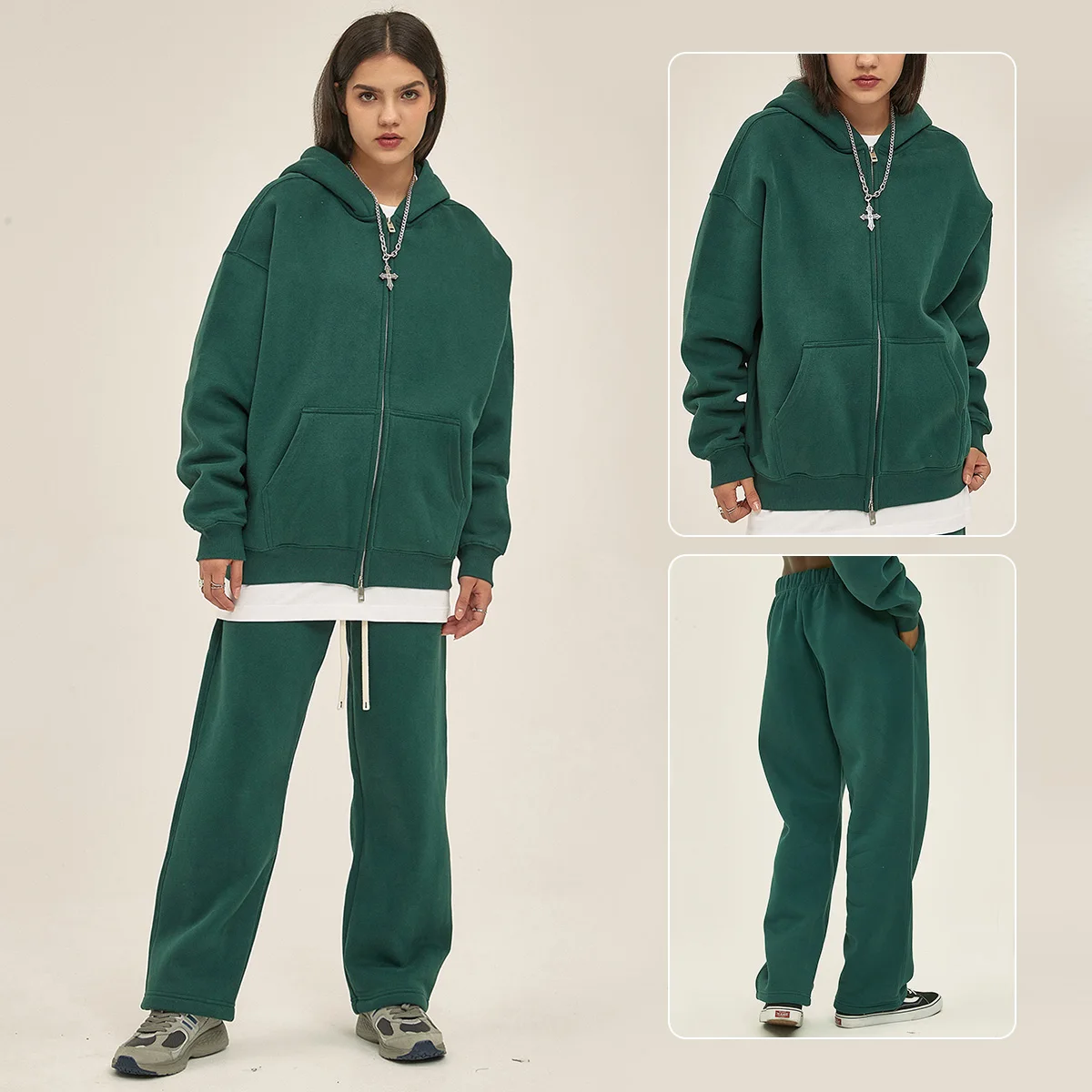 Unisex Heavyweight 350gsm Fleece Lined Zip-up Hoodie Sweatpants Set Fall Winter Breathable Loose Fit Streetwear Tracksuit - Image 9