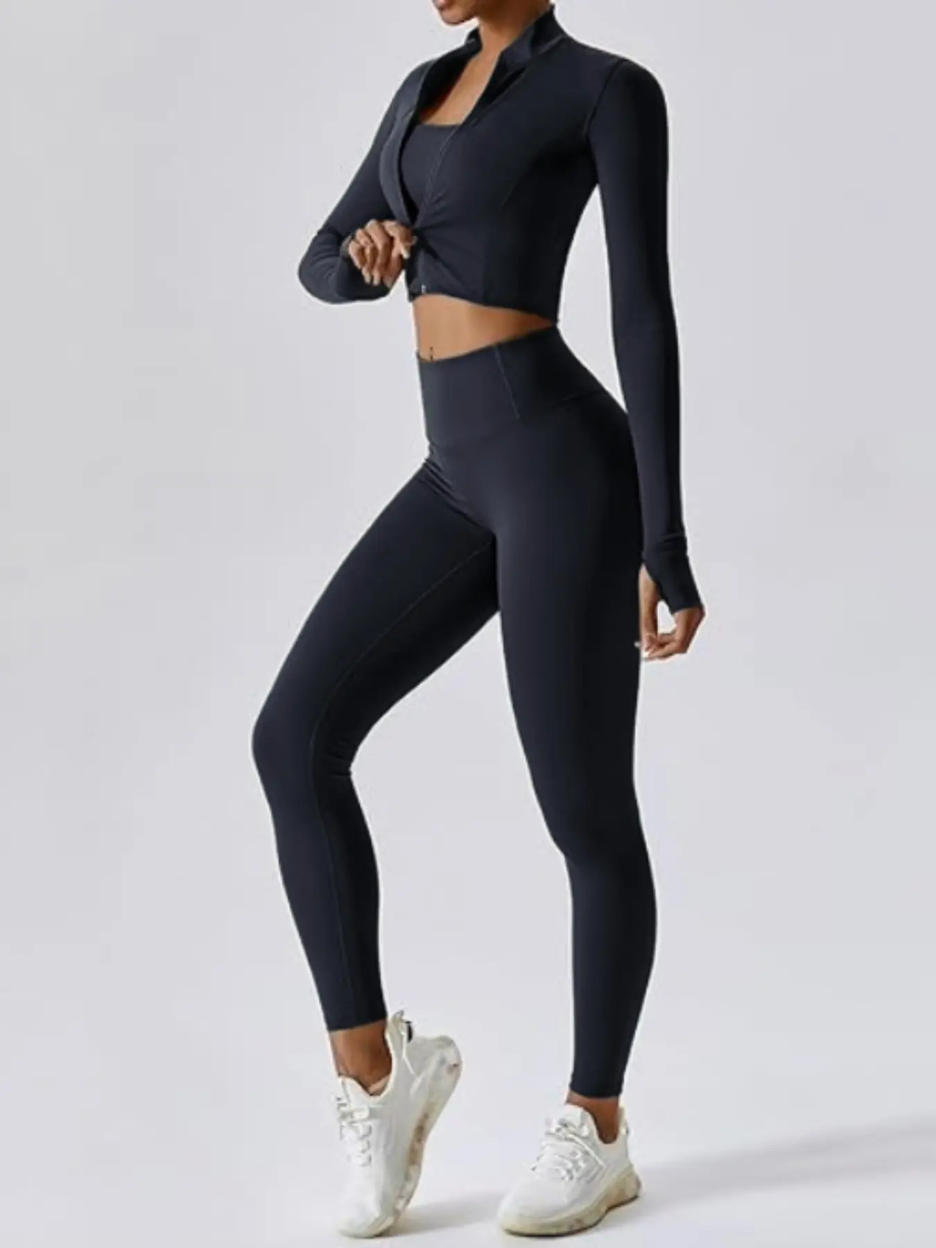 Women's High Waist Breathable Yoga Suit 3-Piece Set with Zipper - Image 3
