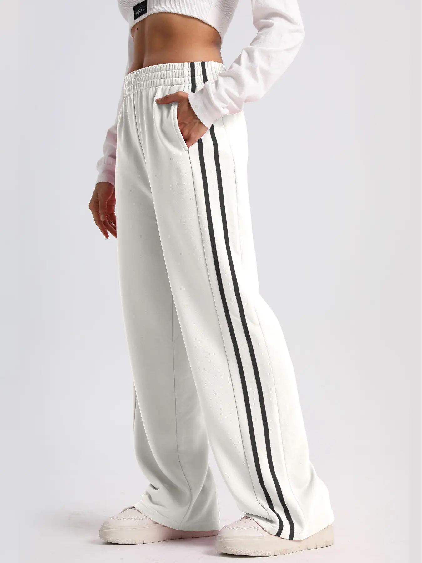 Women’s Solid Side Stripe High Waist Sweatpants, XL, Loose, Pocket - Image 3