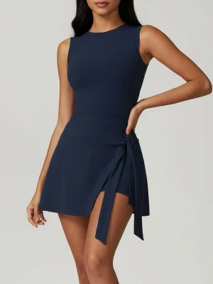 Women’s Solid Tie Front Sports Romper, Sleeveless Yoga Jumpsuit