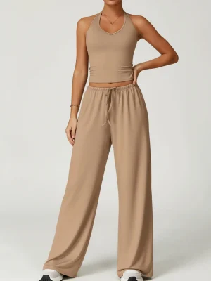 Women's Loose Fit Two-Piece Sportswear Set with High-Waisted Pants, Polyester Blend