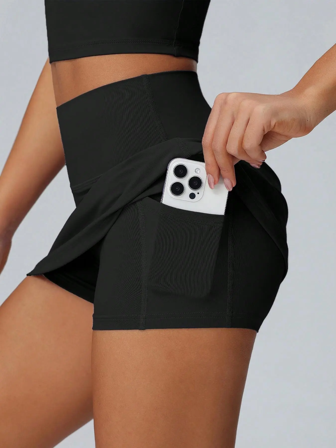 Women’s Solid Crop Halter Top & Pocket Skort Set, Black (S-XL) - Image 4