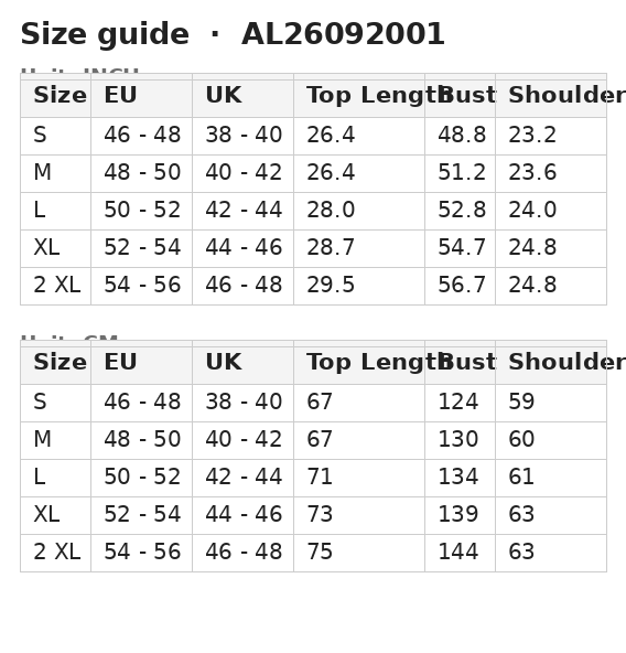 Size guide — Polyester/cotton Men